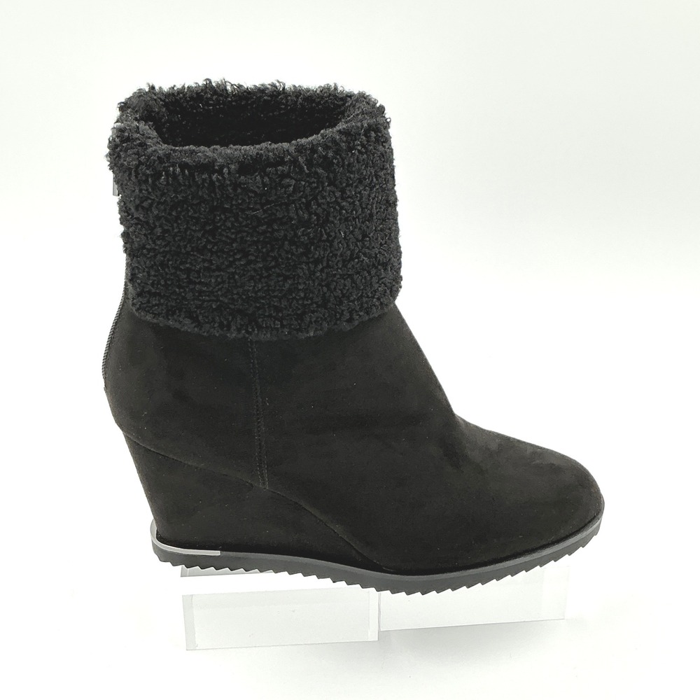 DKNY Size 8.5 Wedge Bootie Black Shearling Trim Faux Suede Women NEW $149